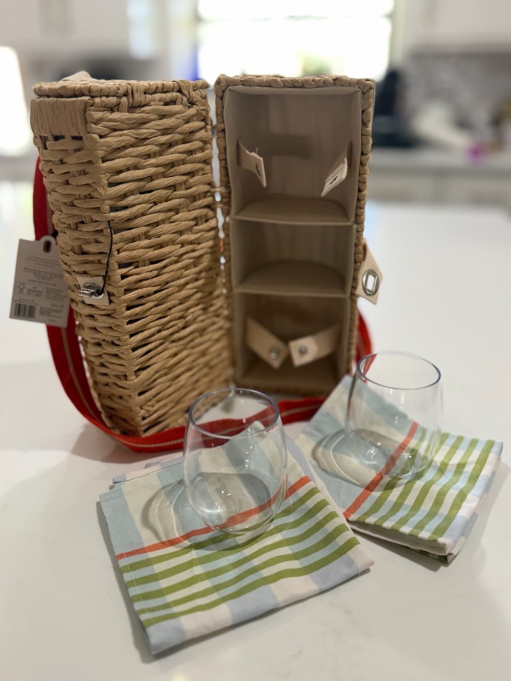 Woven Picnic Wine Carrier Bag with Red Strap and Glasses